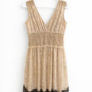 PINKY, Champagne Midi Dress with Lace Trim.